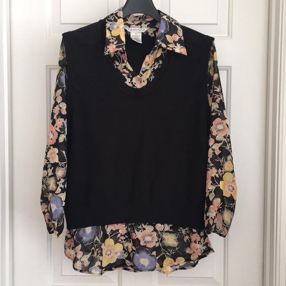 JohnPaulRichard Women’s Top XL Black Sweater Vest Floral Sheer Sleeves Collar - Picture 1 of 6